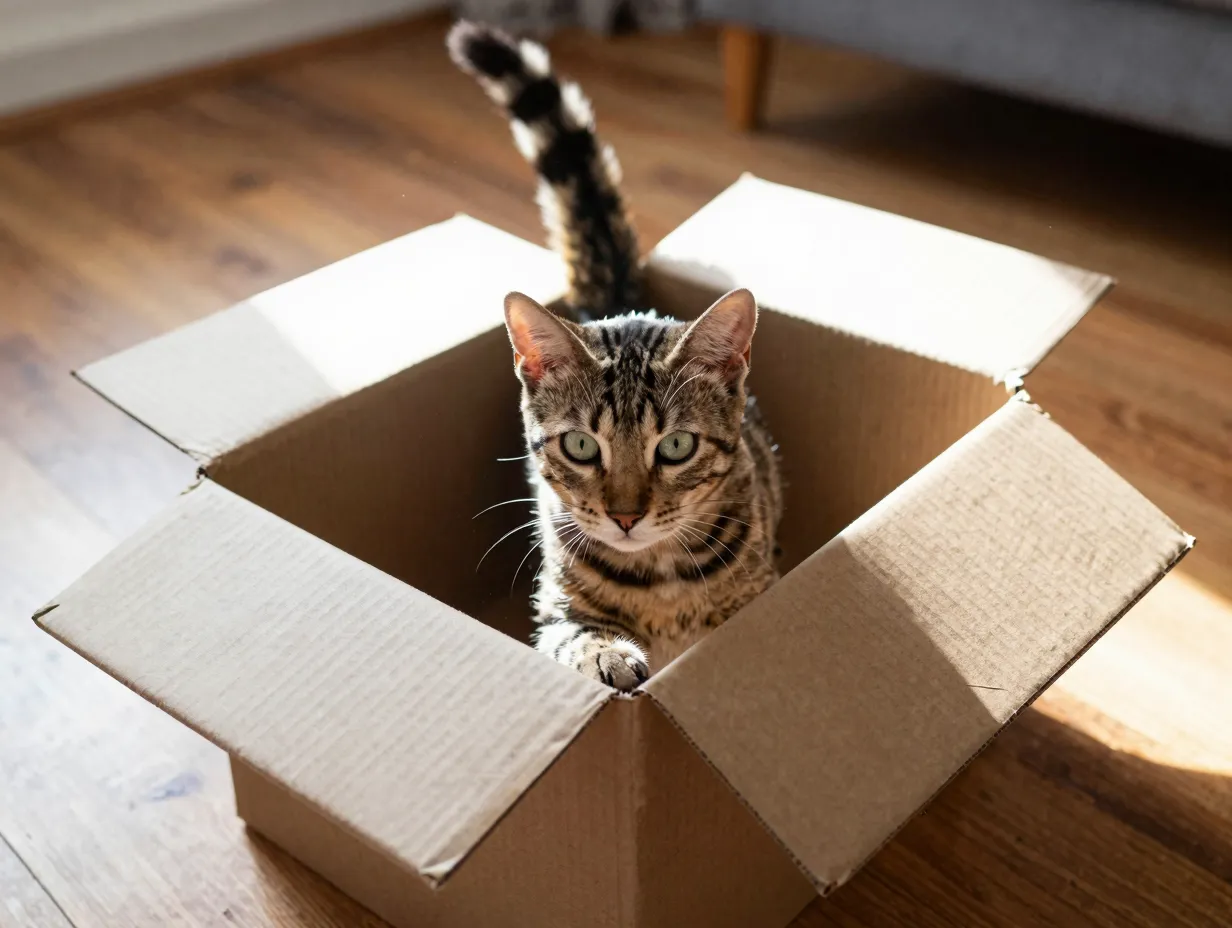 Curious tabby cat investigating the inside of a cardboard box