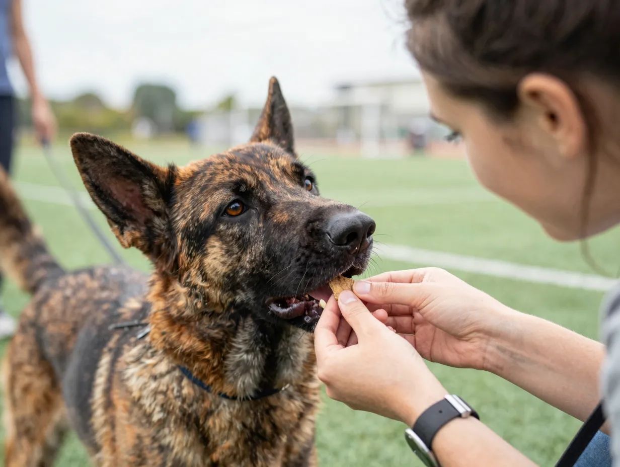 Dutch shepherd eagerly taking treat from trainer during focused session
