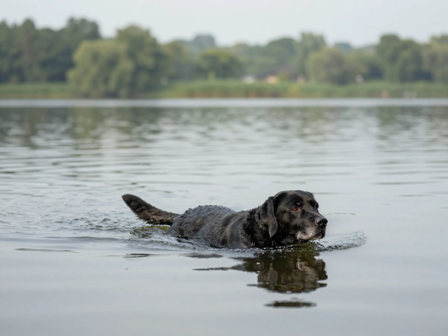 Senior black lab swimming in calm lake for joint health