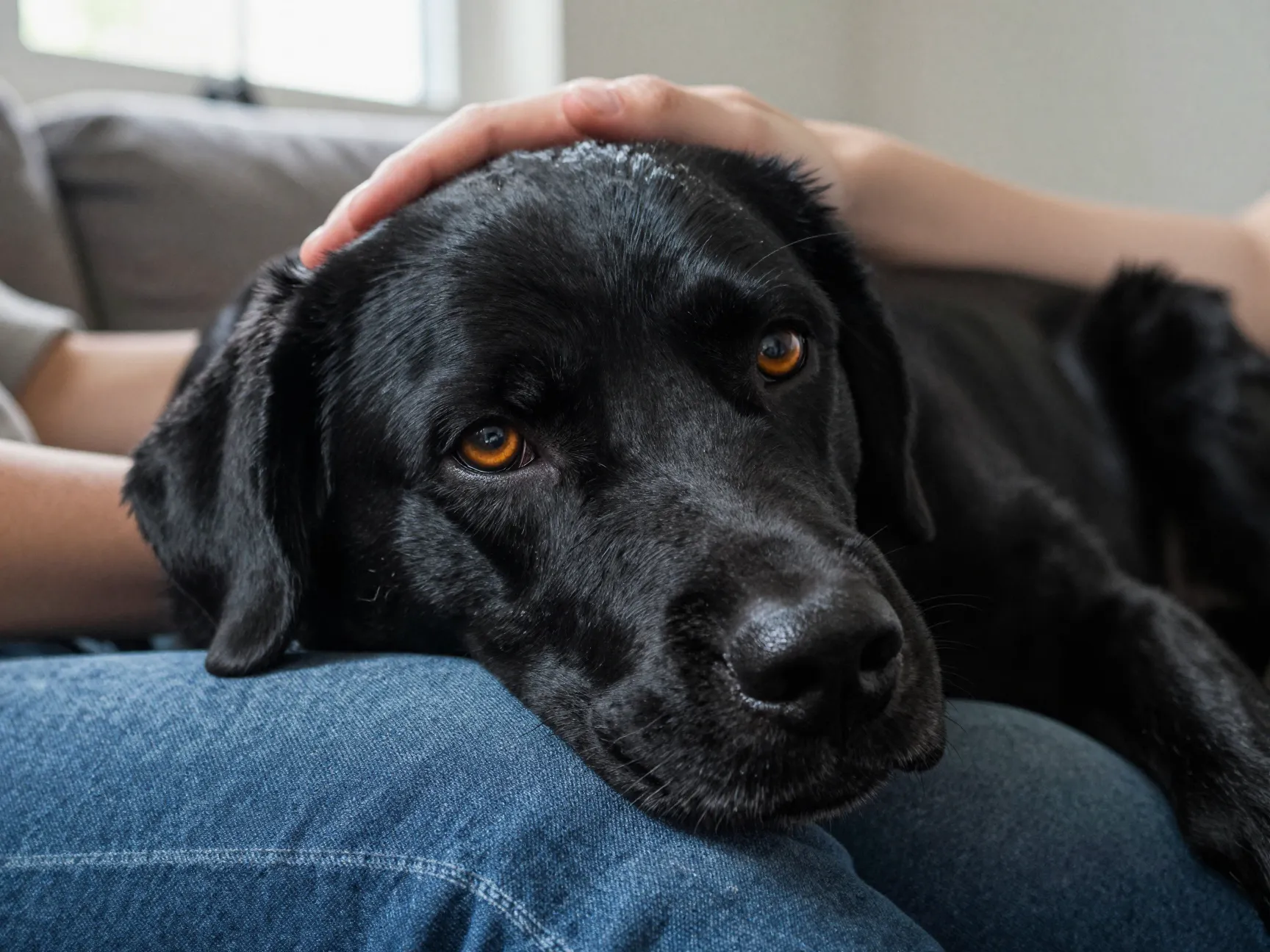 Black lab resting head on owners lap with loving gaze