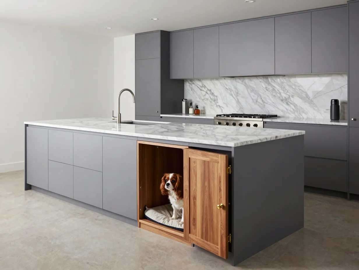 Custom kitchen island with integrated dog crate door