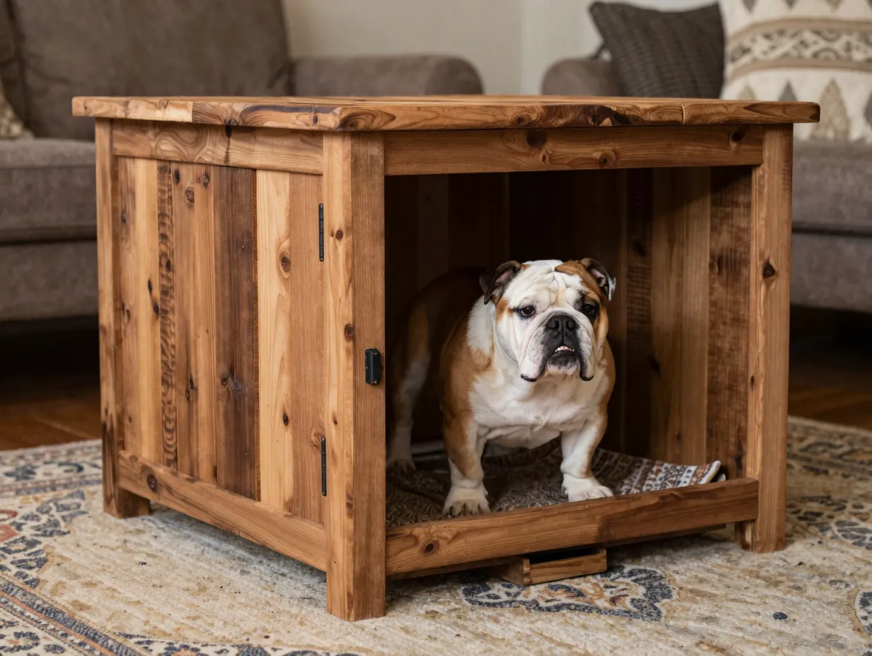 Reclaimed pine farmhouse dog crate over a patterned mat