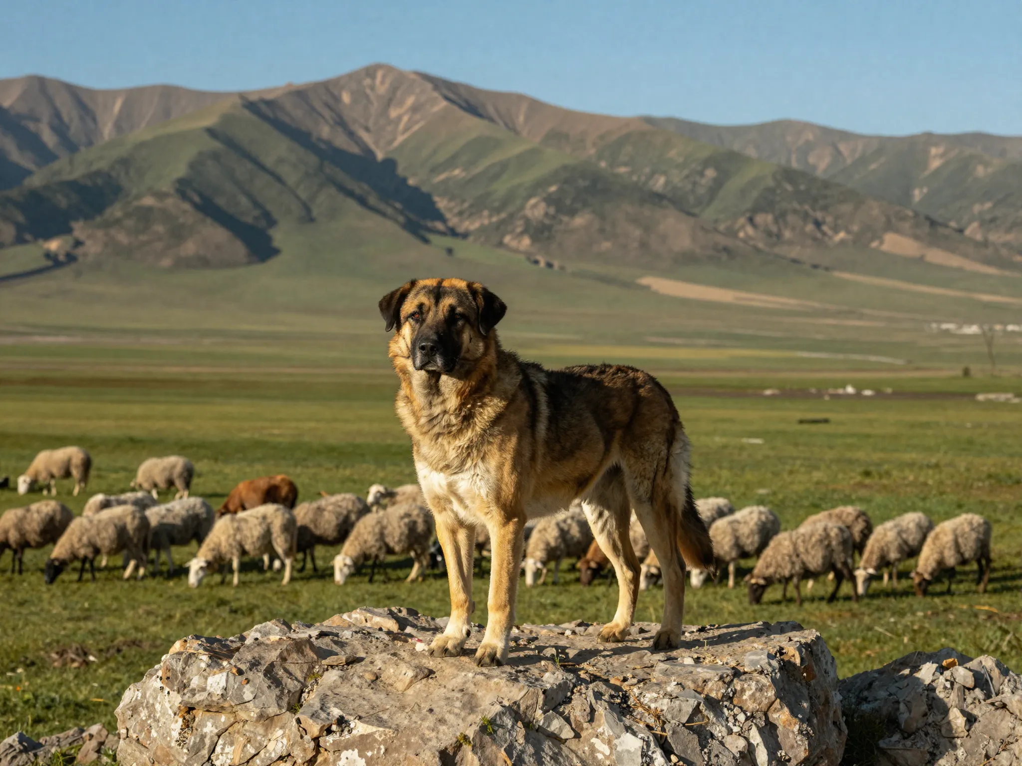 Kangal shepherd dog standing calm watchful over flock grazing