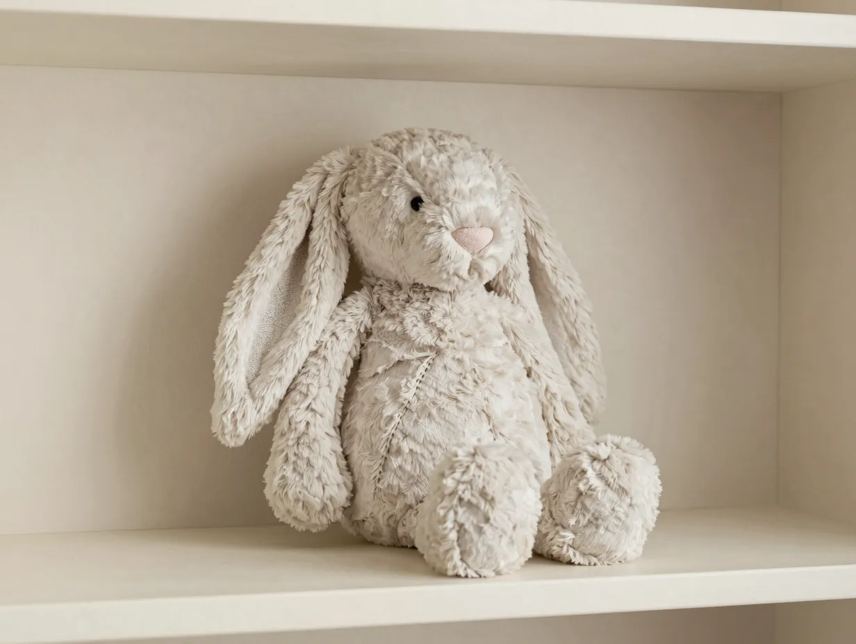 Off white linen plush bunny toy with crinkle interior on neutral decor shelf
