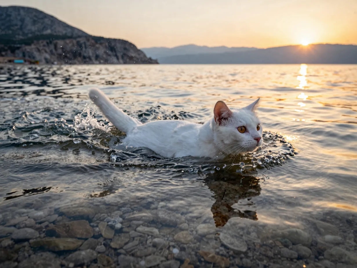 White turkish van cat swimming in turkish lake shallow water sunset