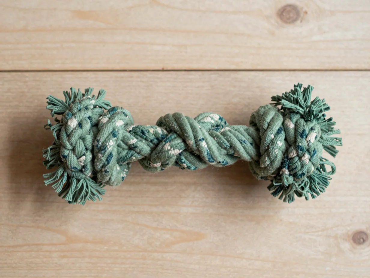 Braided cotton botanical print rope toy in sage green on wooden floor