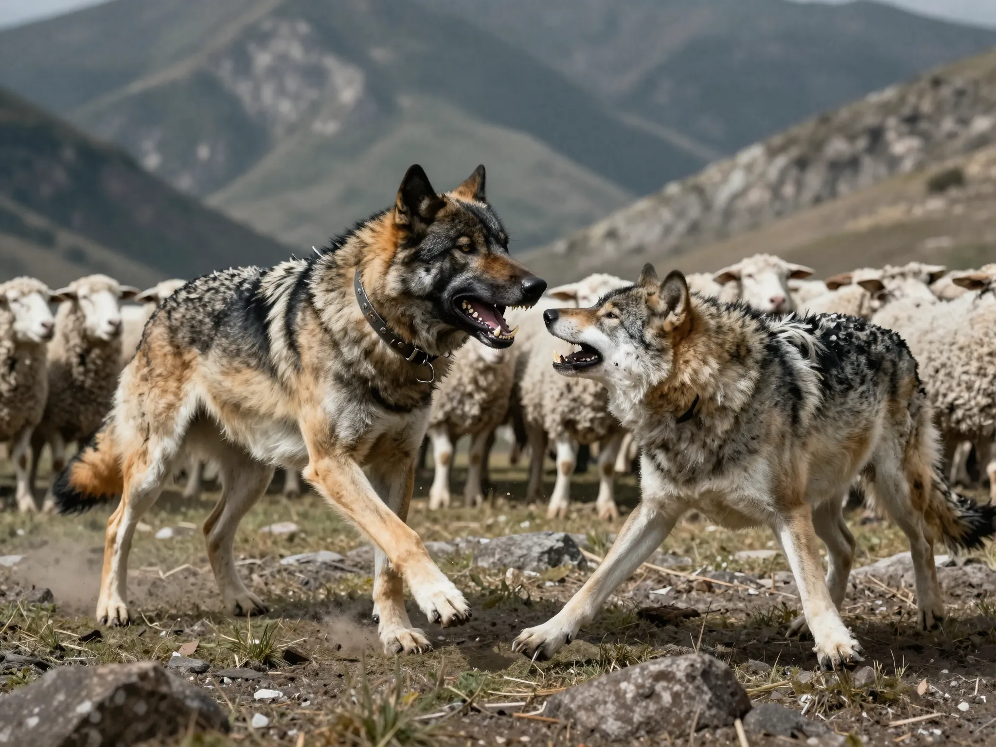 Large kangal dog confronting gray wolf in mountain pasture