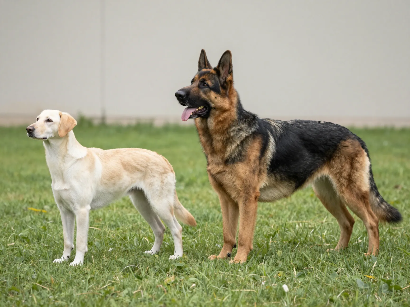 Side by side comparison of small lean and large stocky adult shepradors