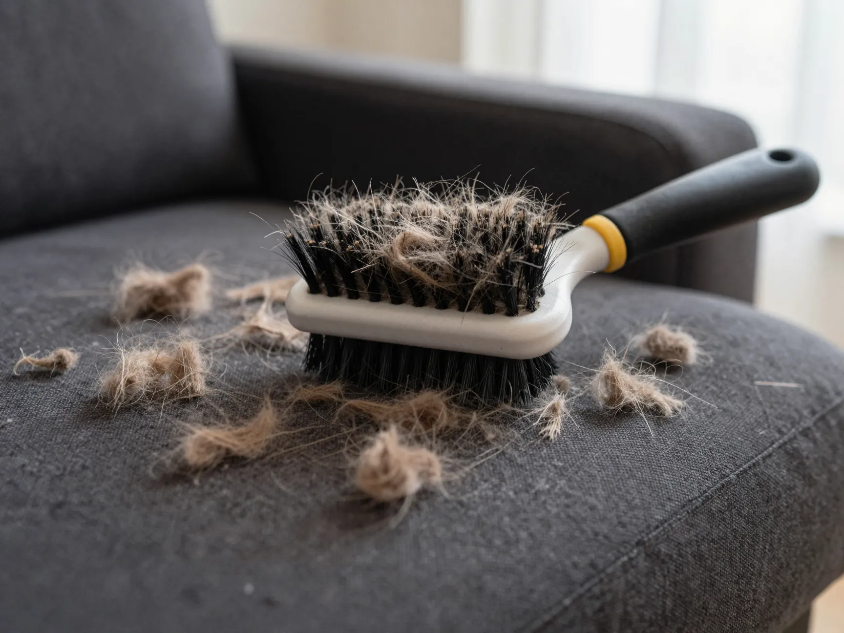 Sheprador shedding double coat onto dark fabric furniture during grooming