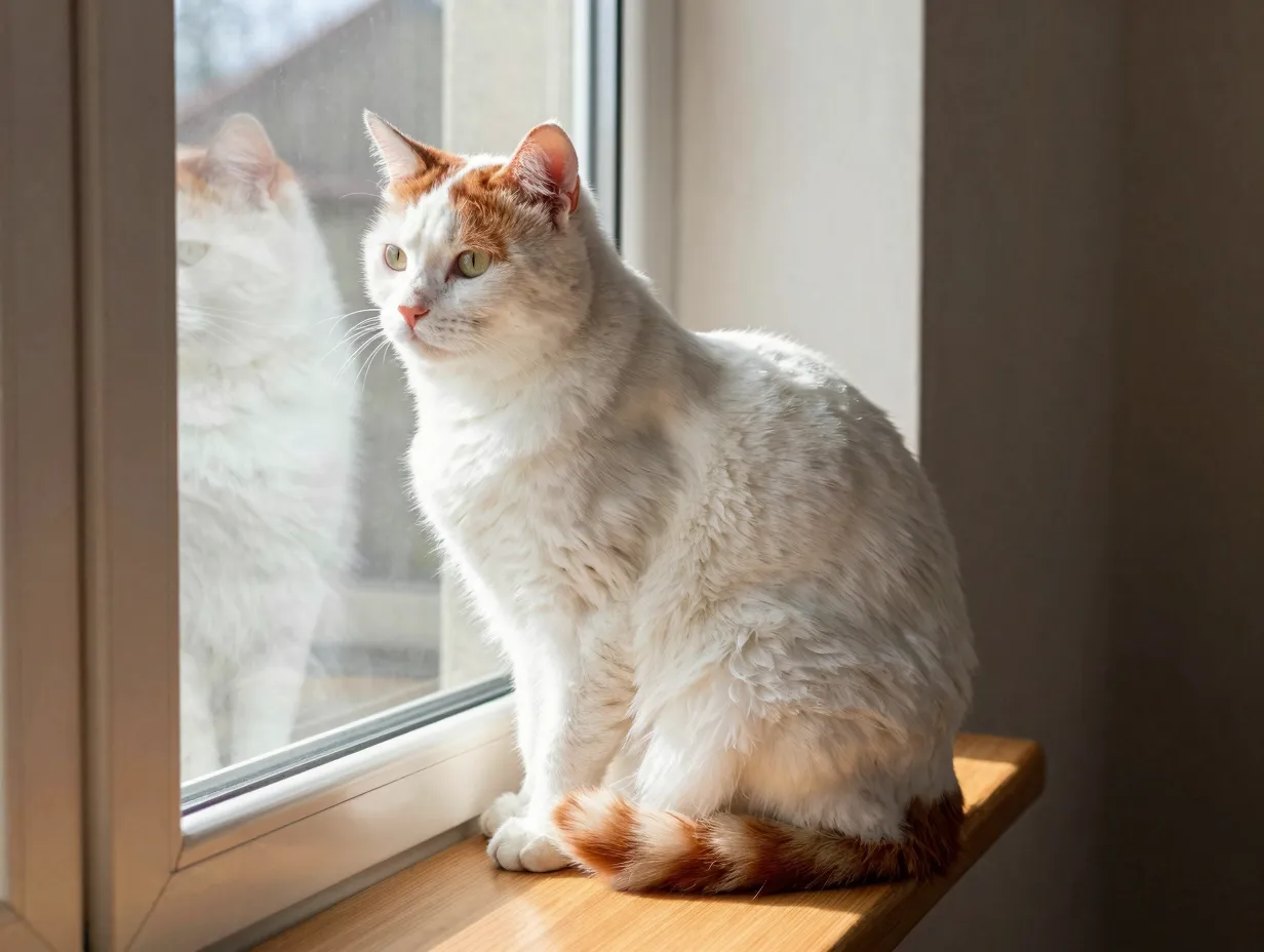 White cat van pattern colored head tail on windowsill indoors