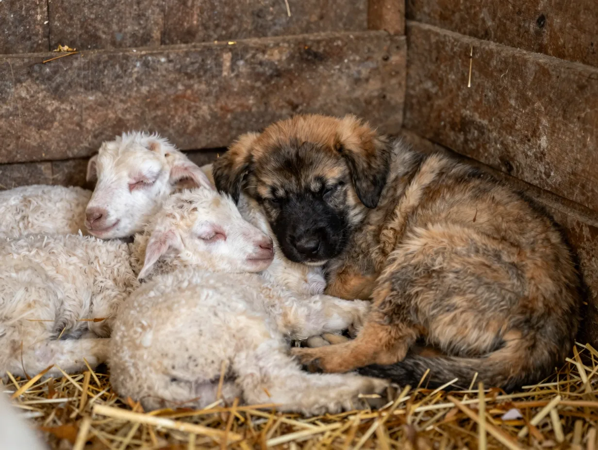Kangal puppy sleeping nestled among newborn lambs in barn