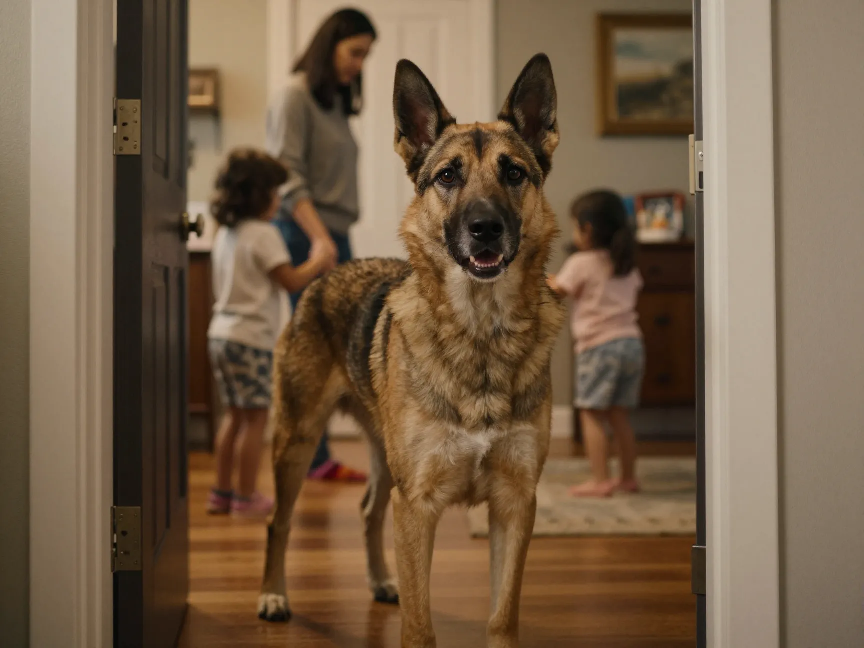 Sheprador displaying protective yet friendly alertness with family member