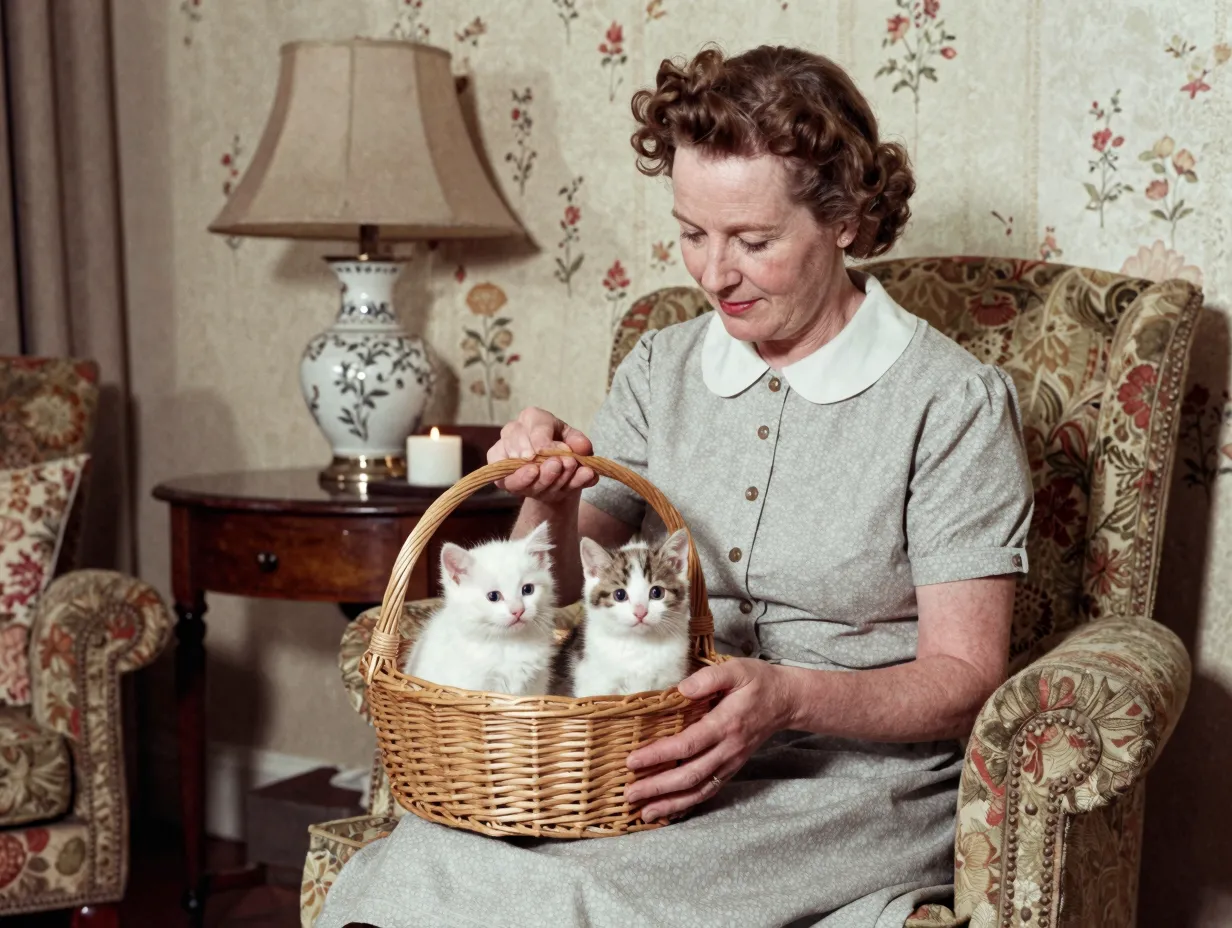 Vintage photograph cat basket british woman 1950s living room