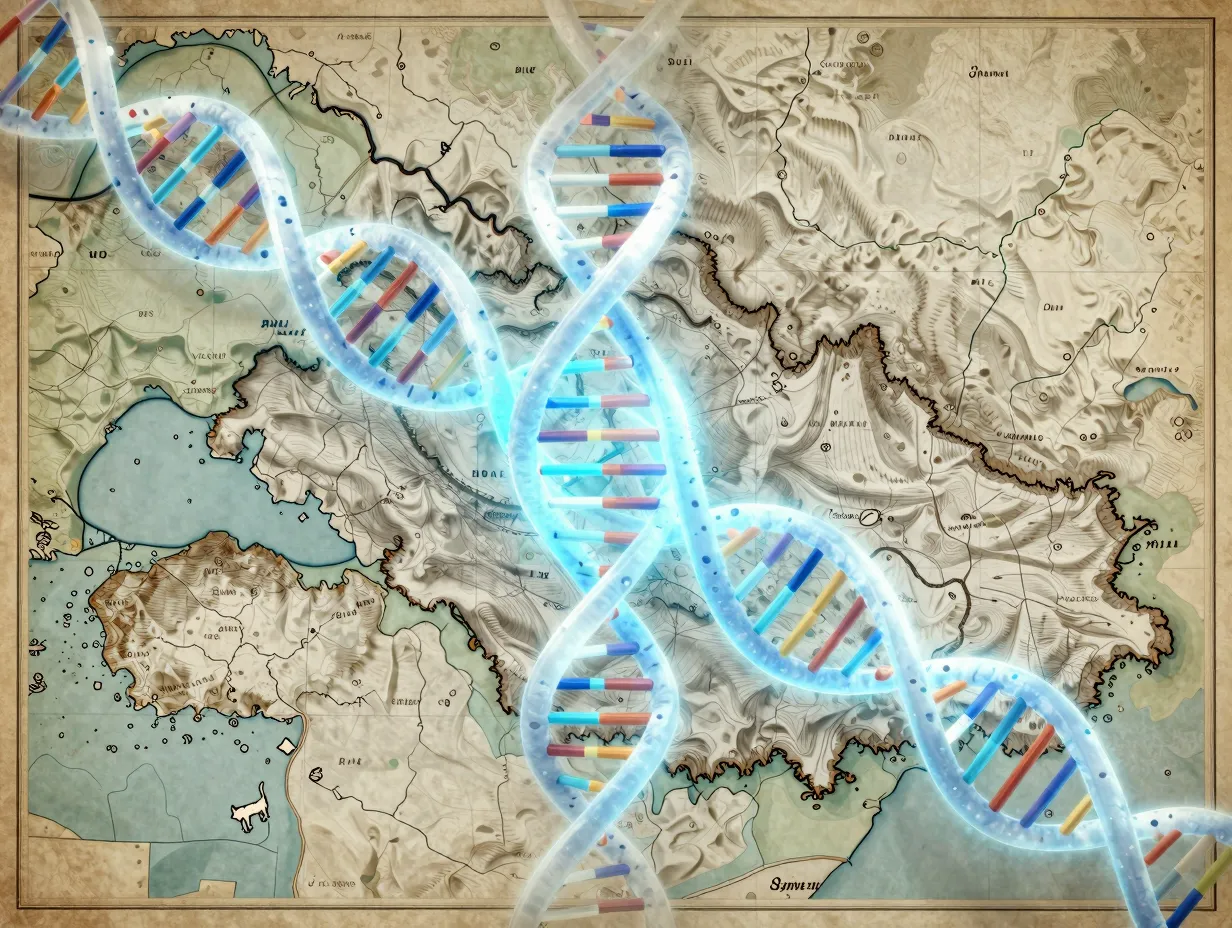 Dna helix structure superimposed over map armenian highlands
