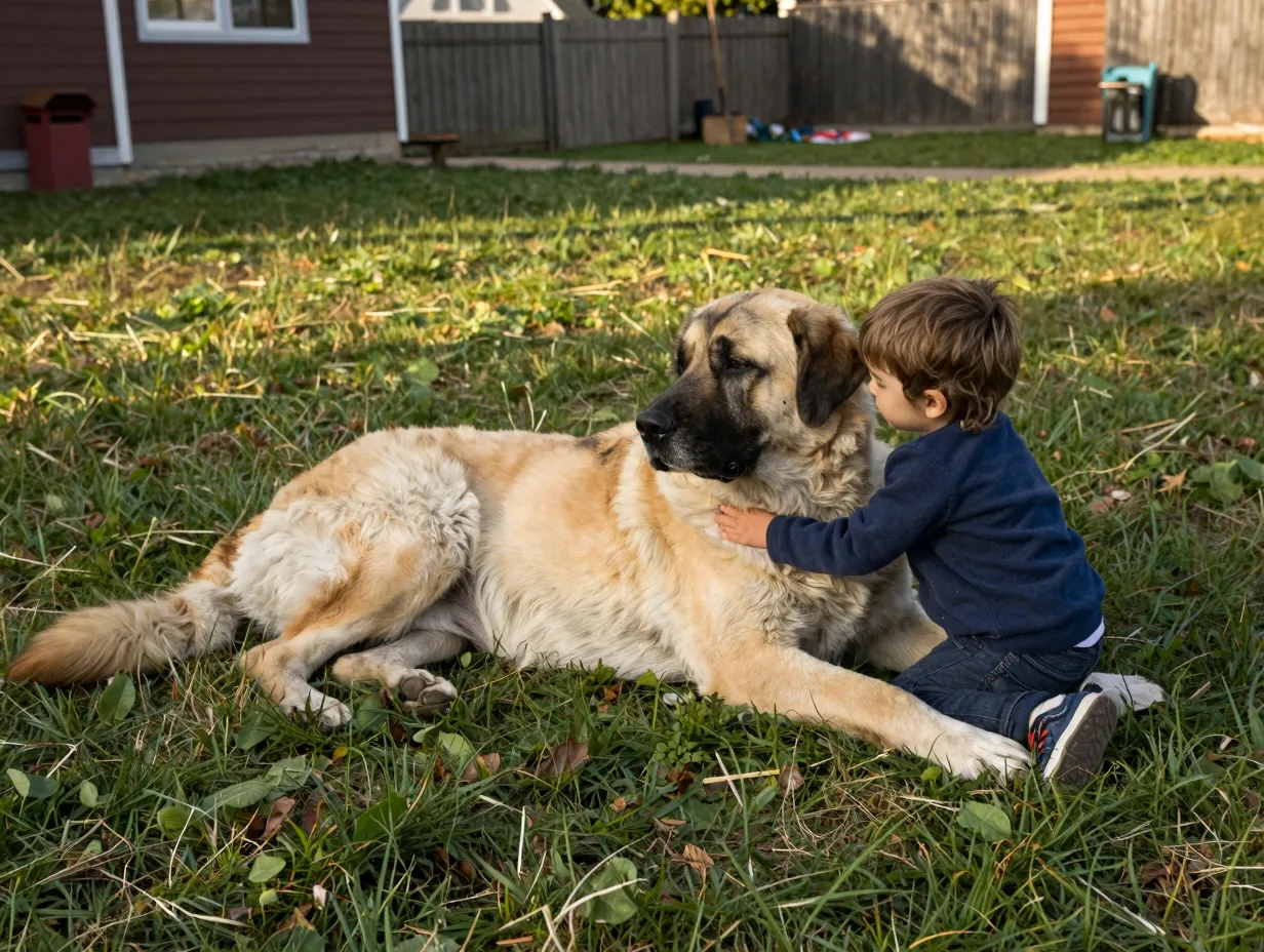 Gentle kangal dog lying patiently with small child on grass