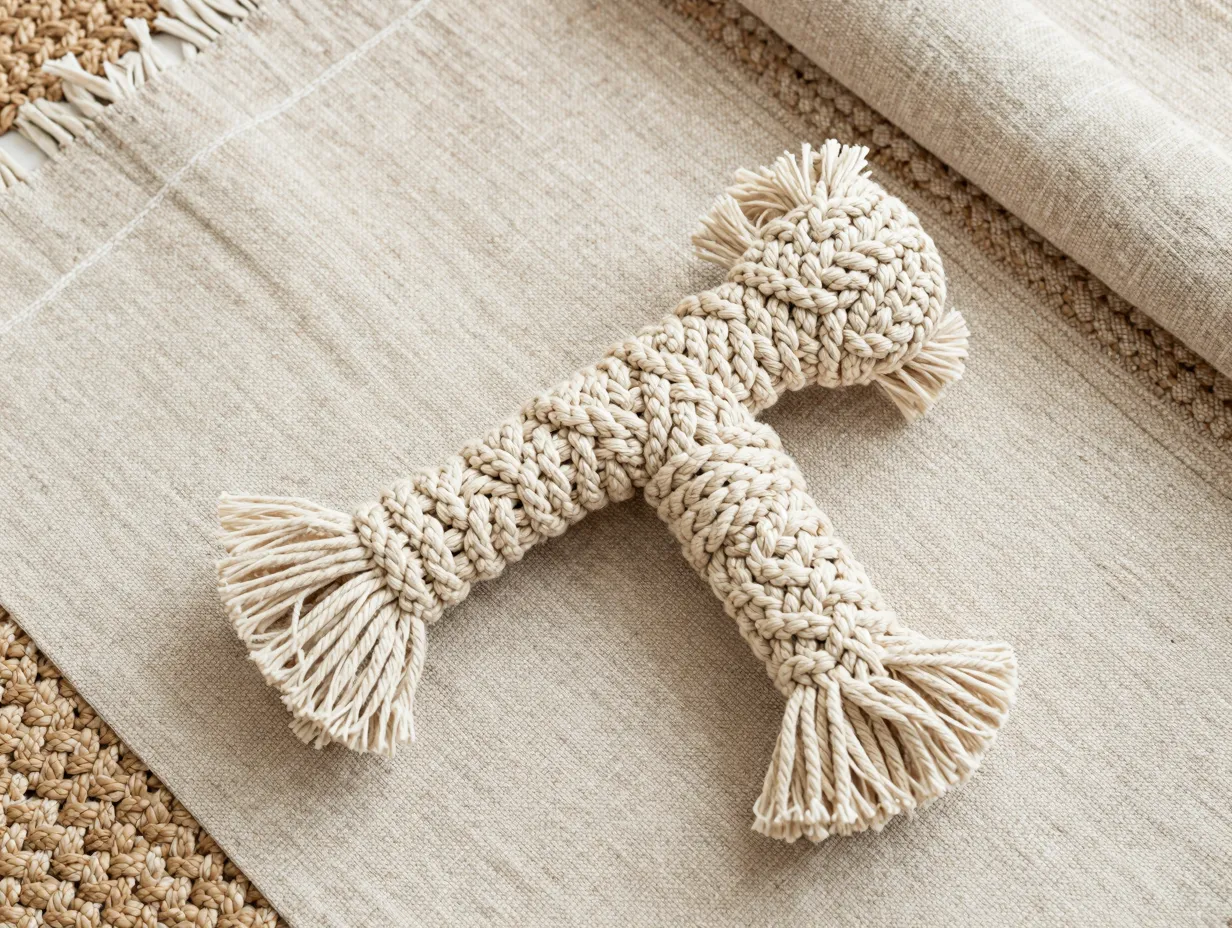 Hand knotted unbleached cotton macramé chew toy on boho textile