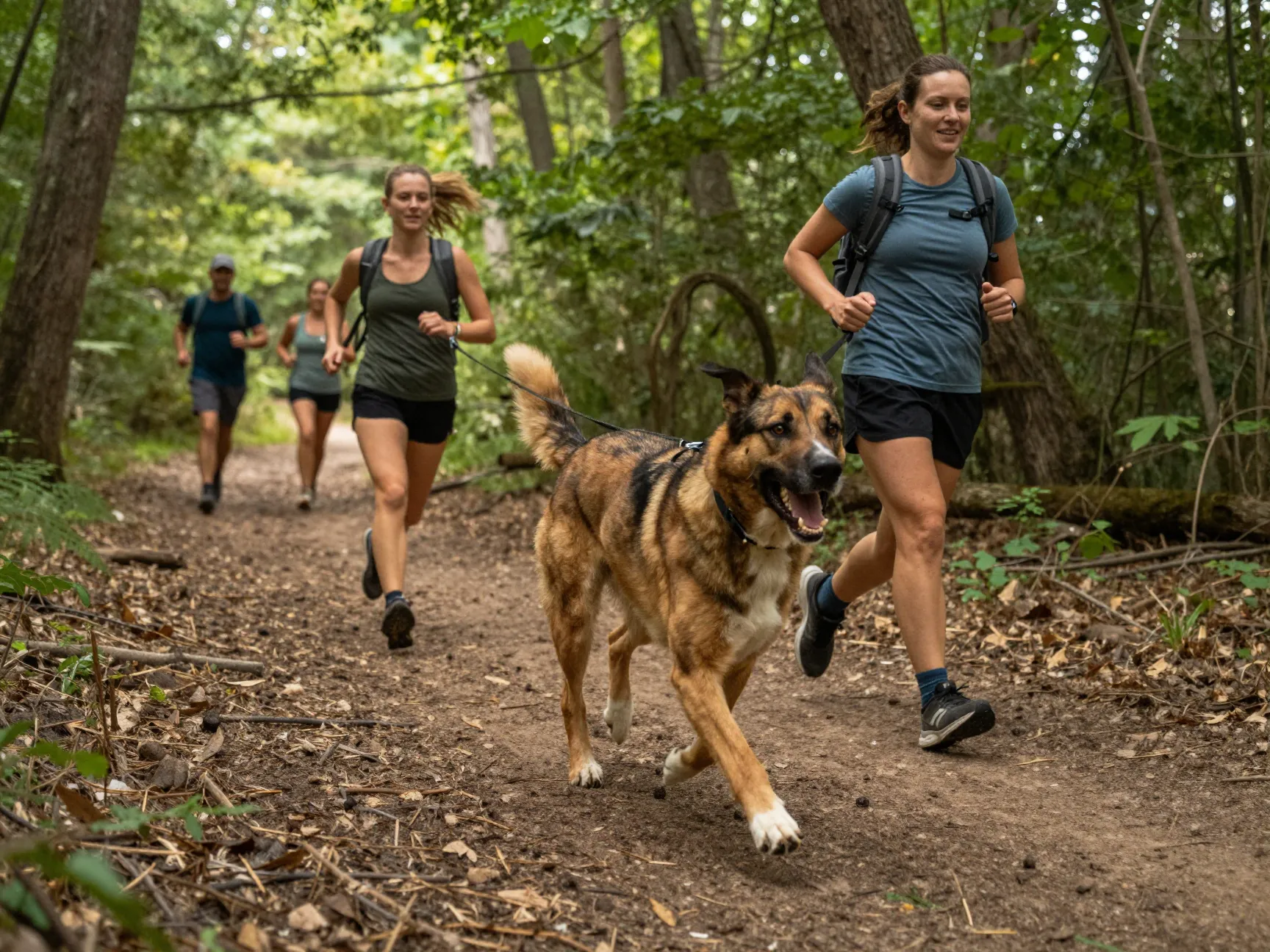 Sheprador running alongside owner on a forest hiking trail