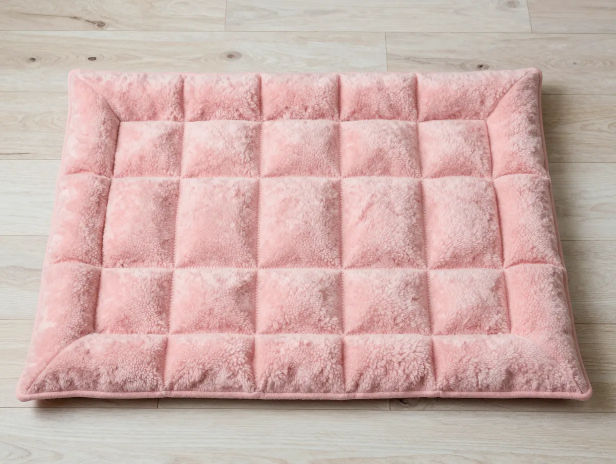 Blush pink fleece snuffle mat with woven strips on floor