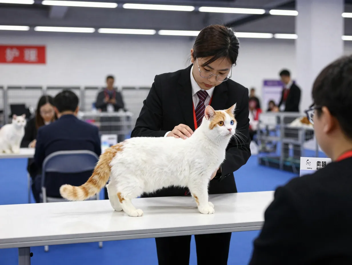 Cat show judge examining odd eyed turkish van cat table