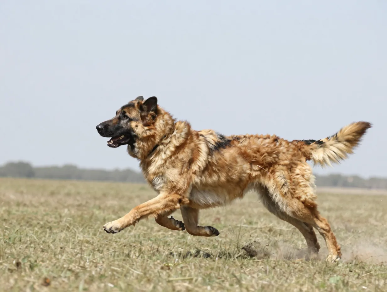 Powerful kangal dog running at full speed across open field