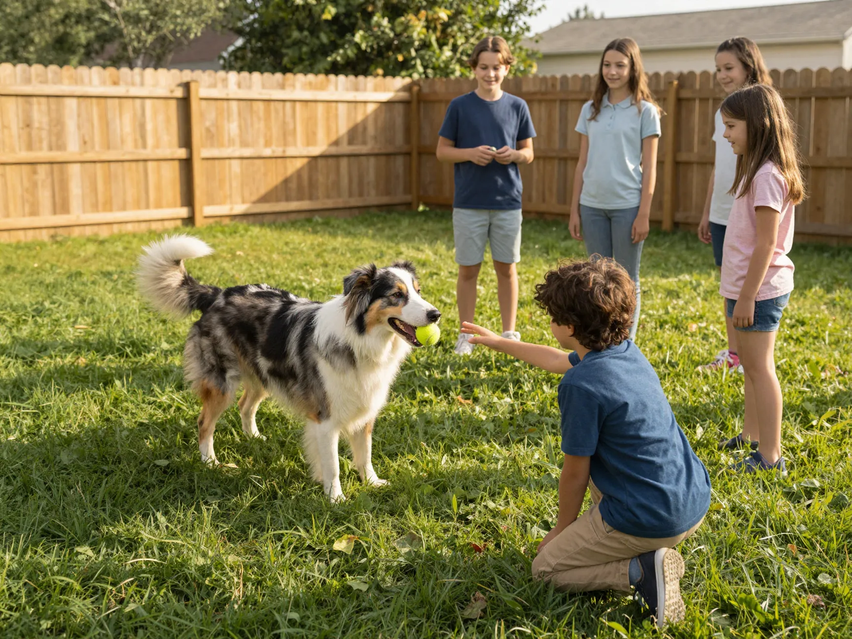 Sheprador playing gentle fetch with a child in a grassy backyard