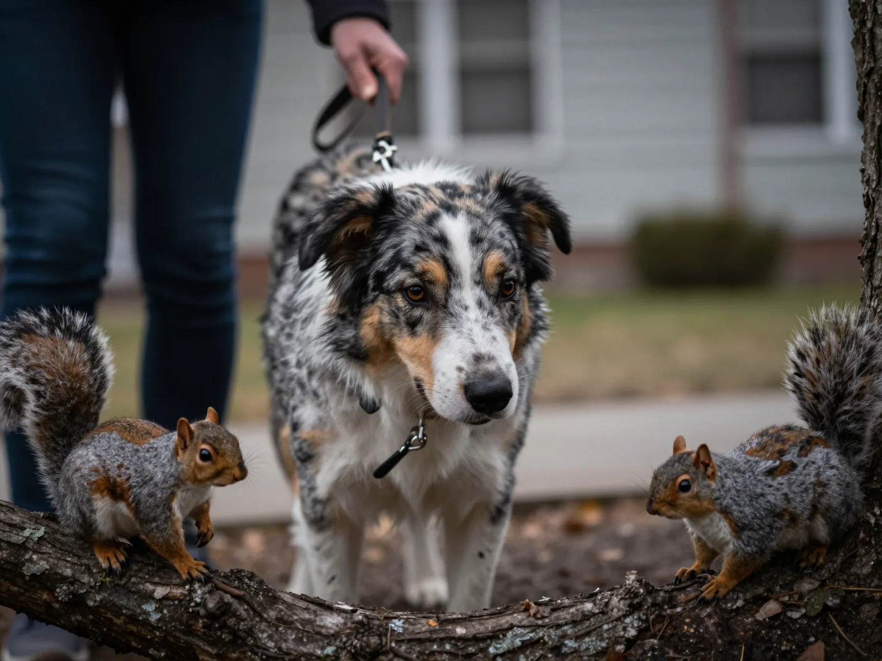 Sheprador on leash focusing intently on a squirrel in a tree