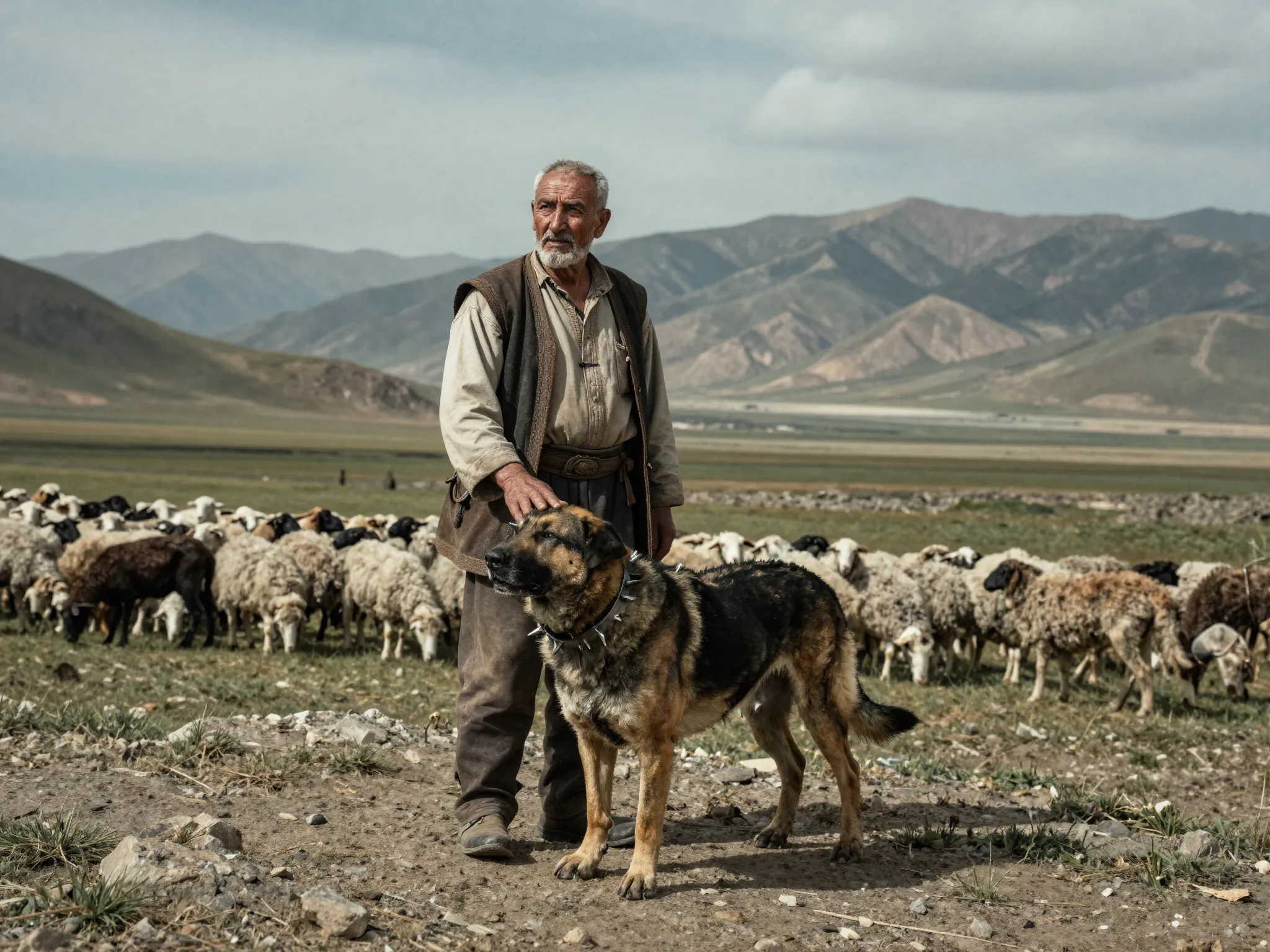 Traditional turkish shepherd with kangal dog guarding ancient flock