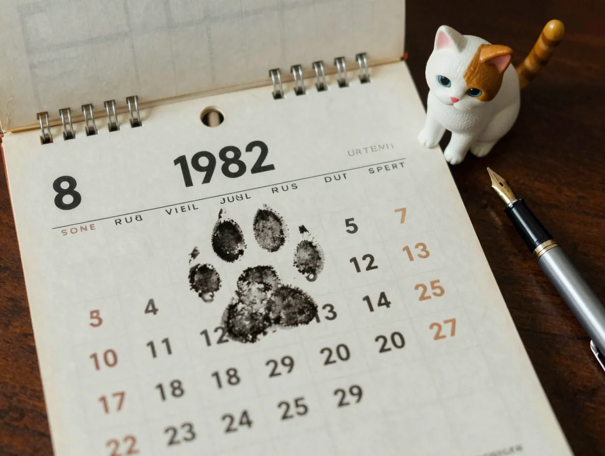 Calendar page year 1982 marked with cat paw print usa