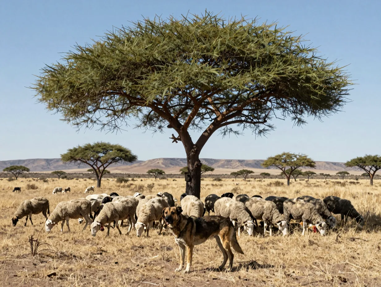 Kangal dog protecting sheep herd under african acacia tree