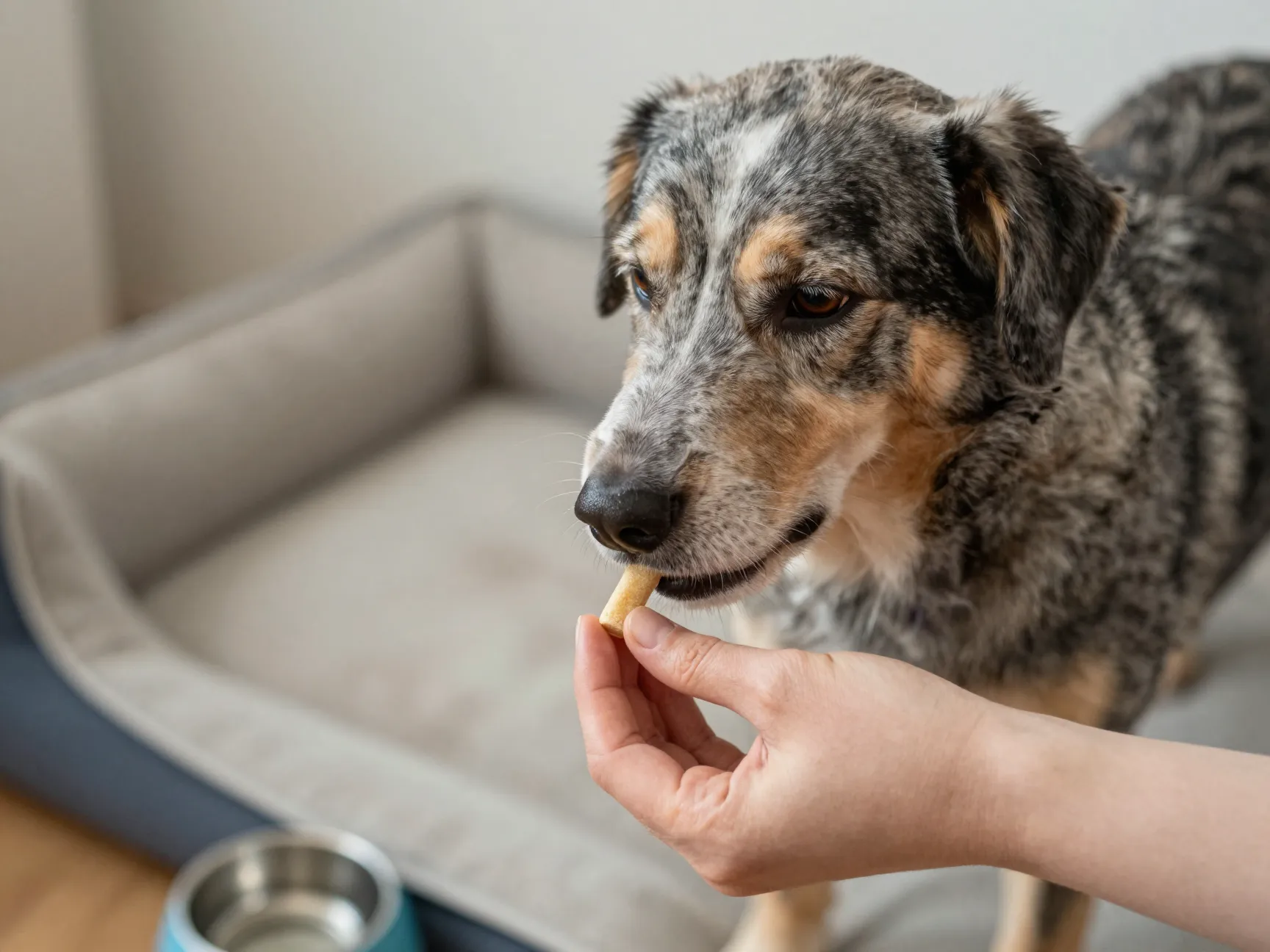Senior sheprador receiving a joint supplement treat from owners hand