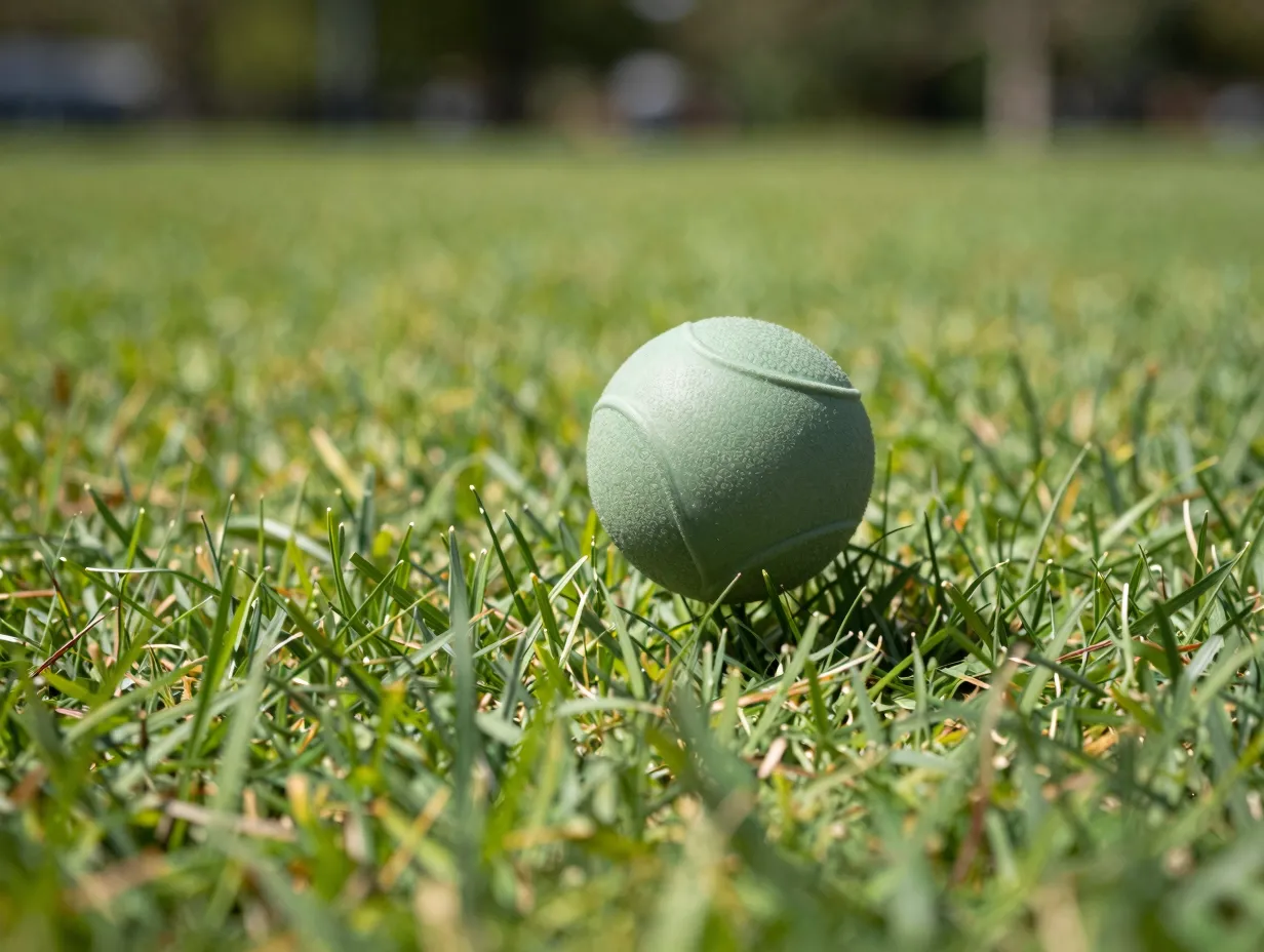 Sage green natural rubber fetch ball in grassy park setting