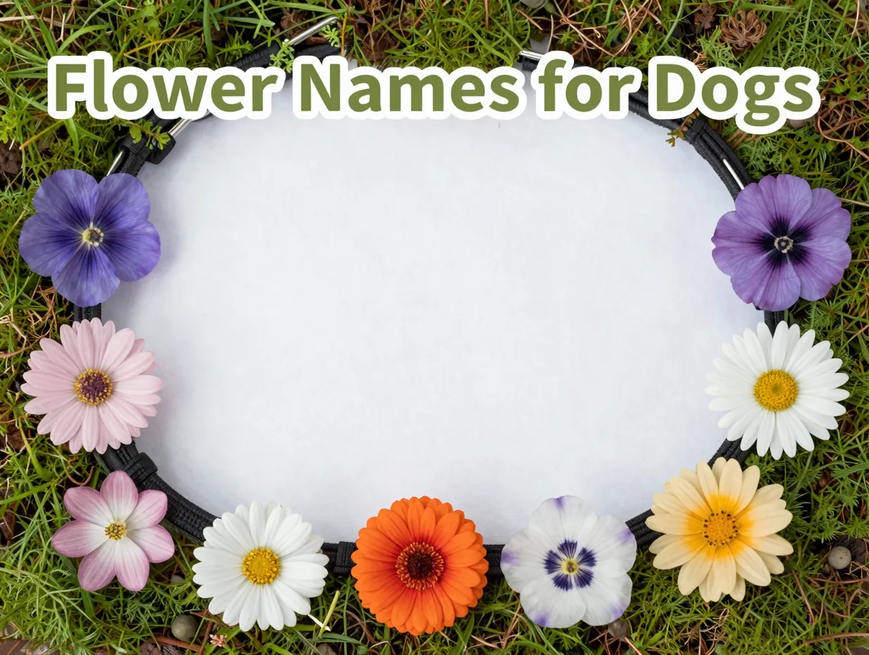 Nine floral dog collars on moss overhead flat lay cover