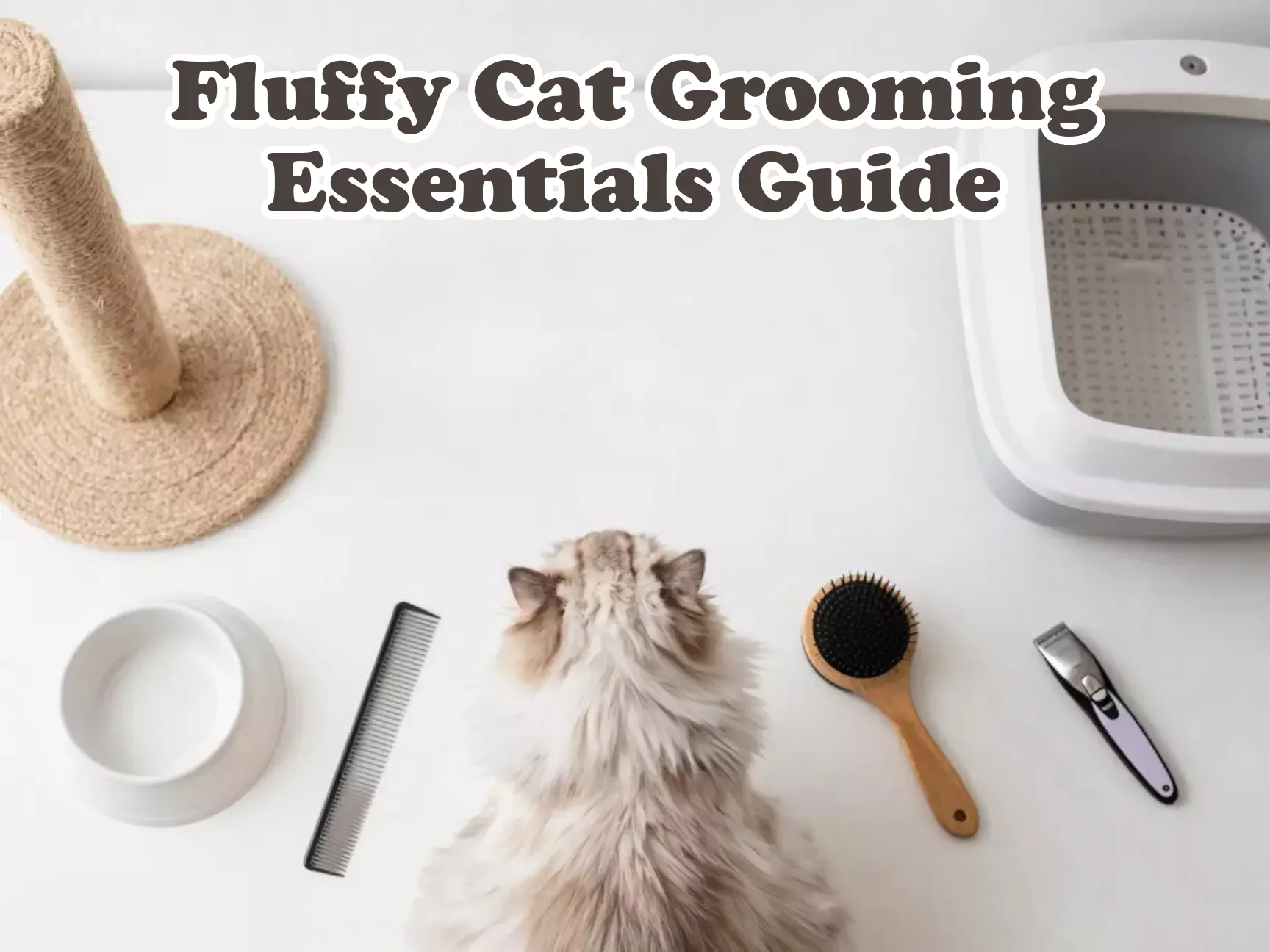 Persian cat flat lay grooming tools food bowl litter box scratching post main