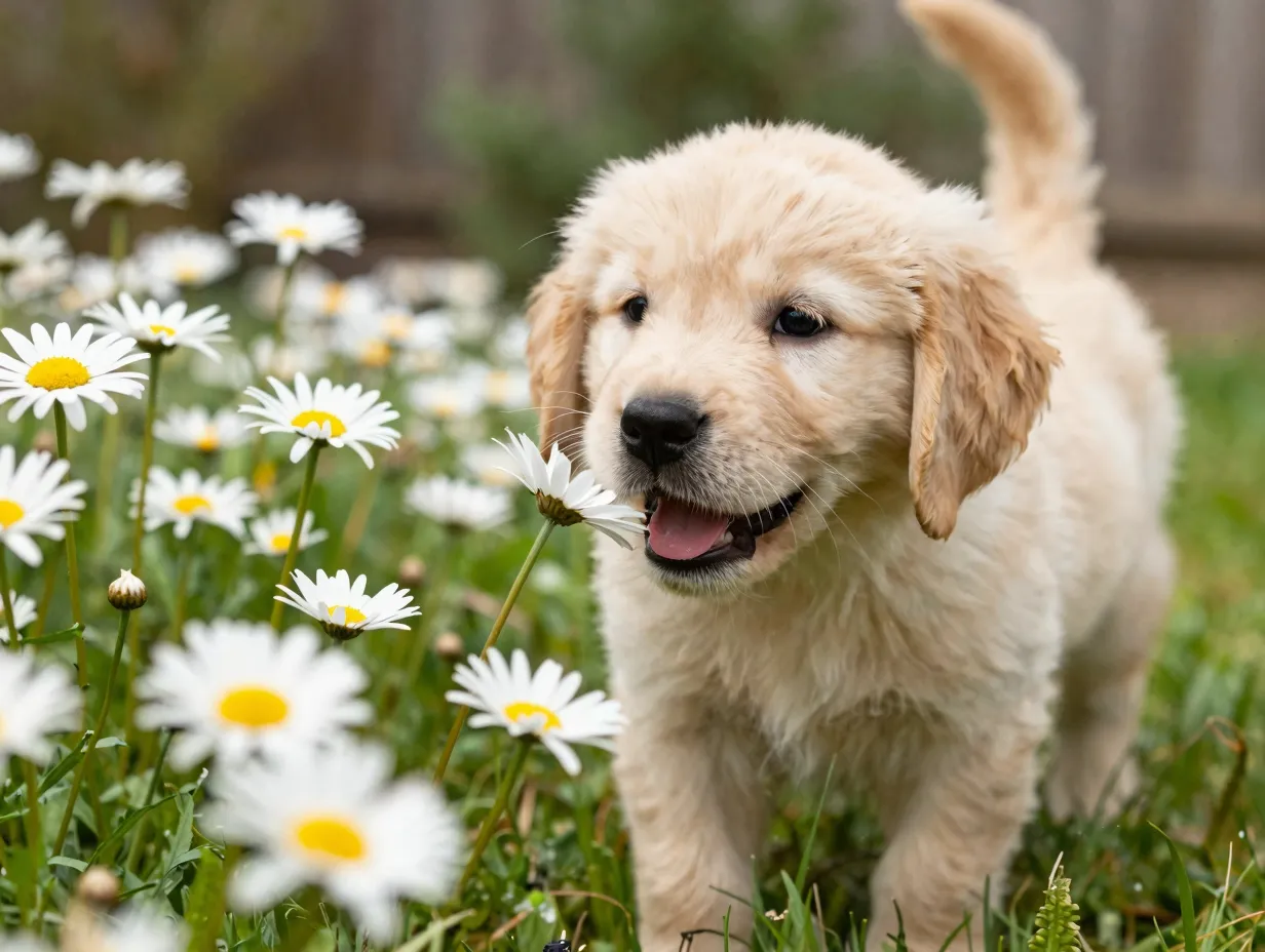 Cheerful daisy garden with golden retriever puppy playing