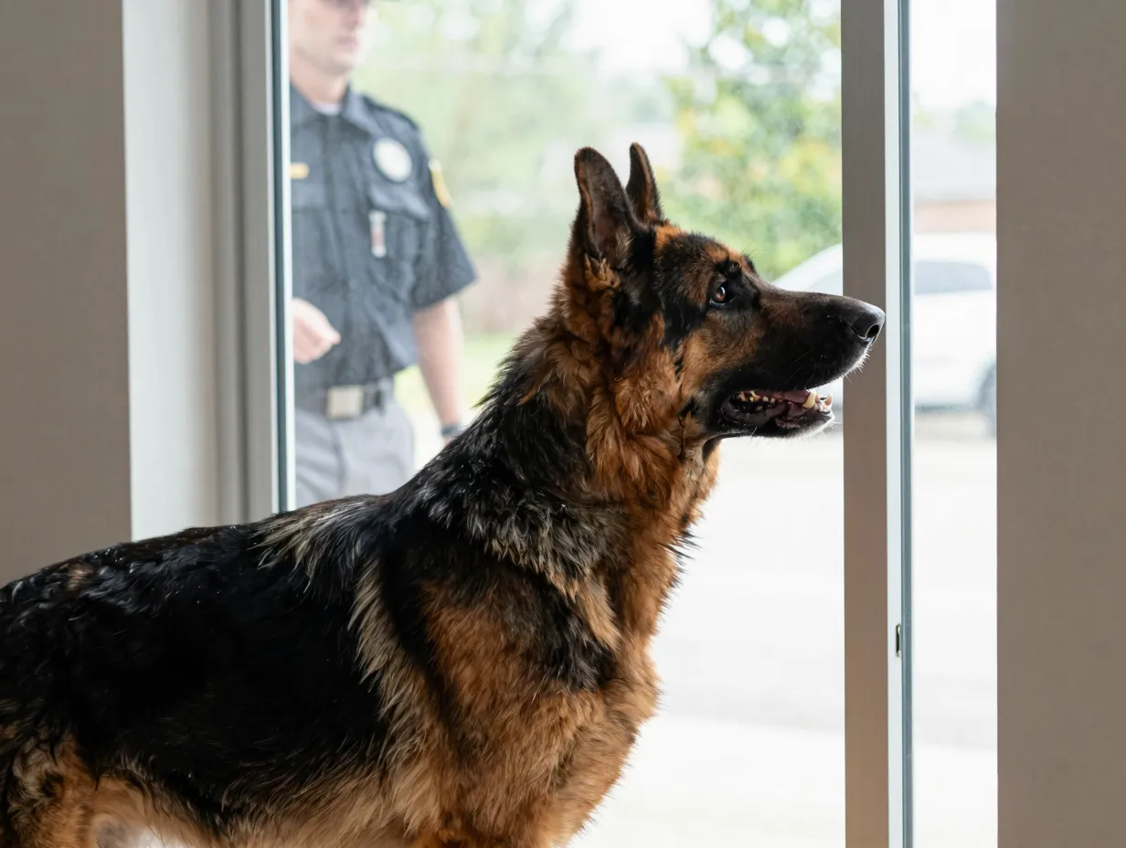 German shepherd alert barking at mail carrier through window