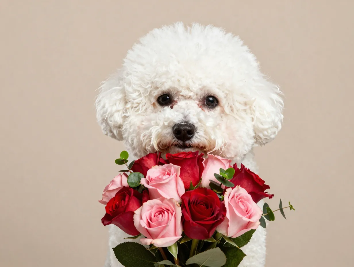Regal rose bouquet held by fluffy white bichon frise dog