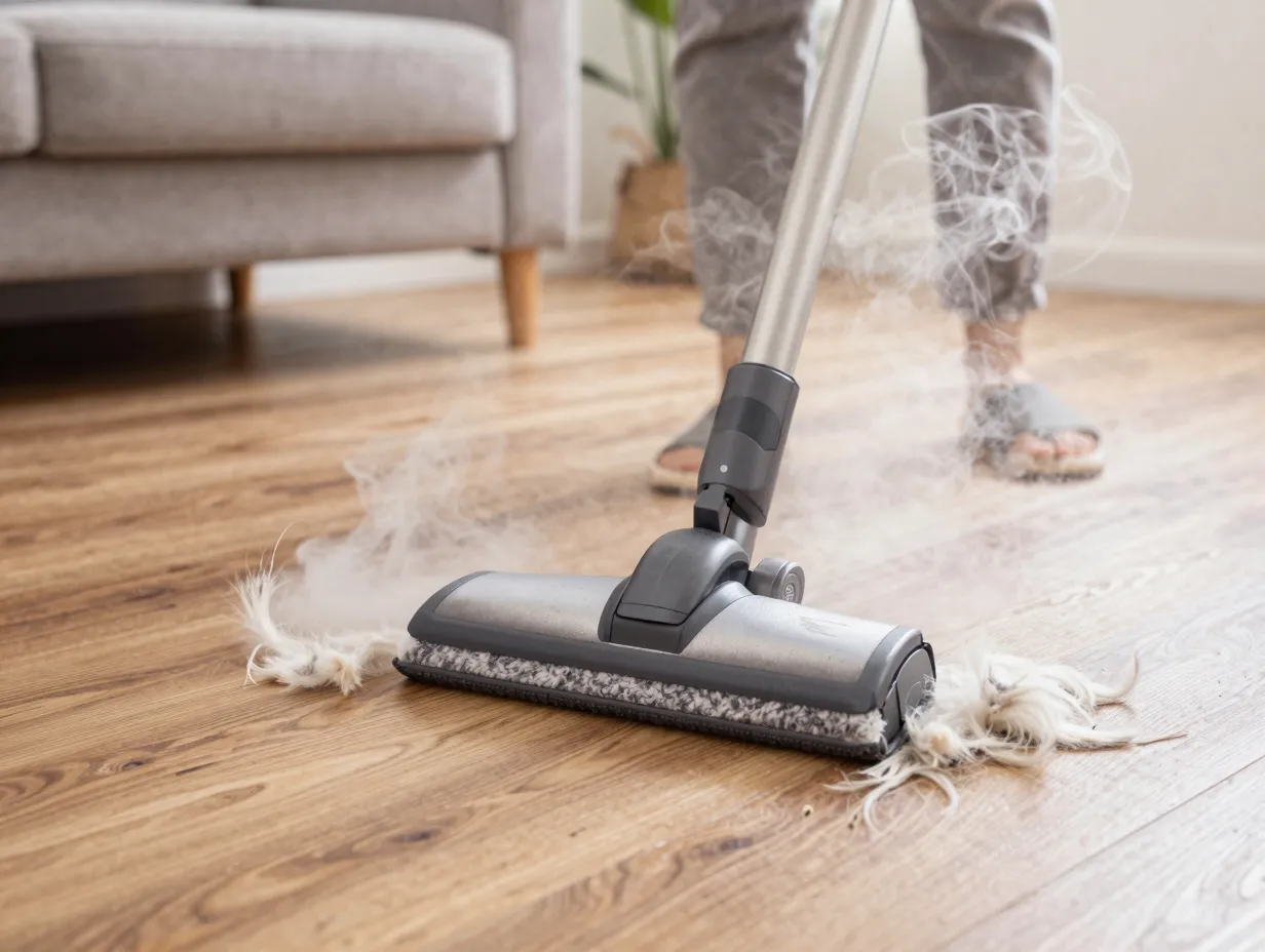Steam mop cleaning pet fur from a living room hardwood floor