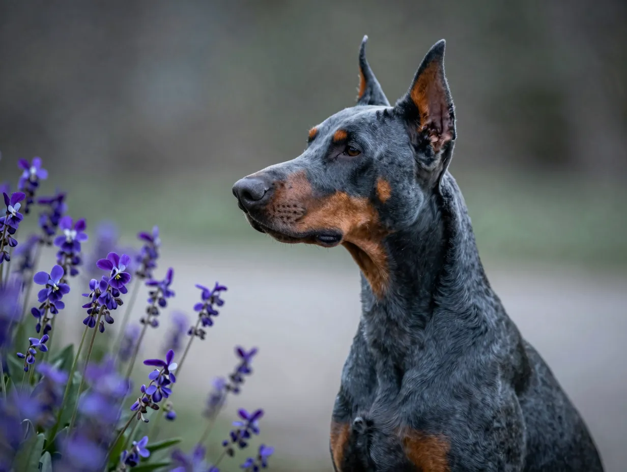 Observant blue doberman pinscher named violet near purple flowers