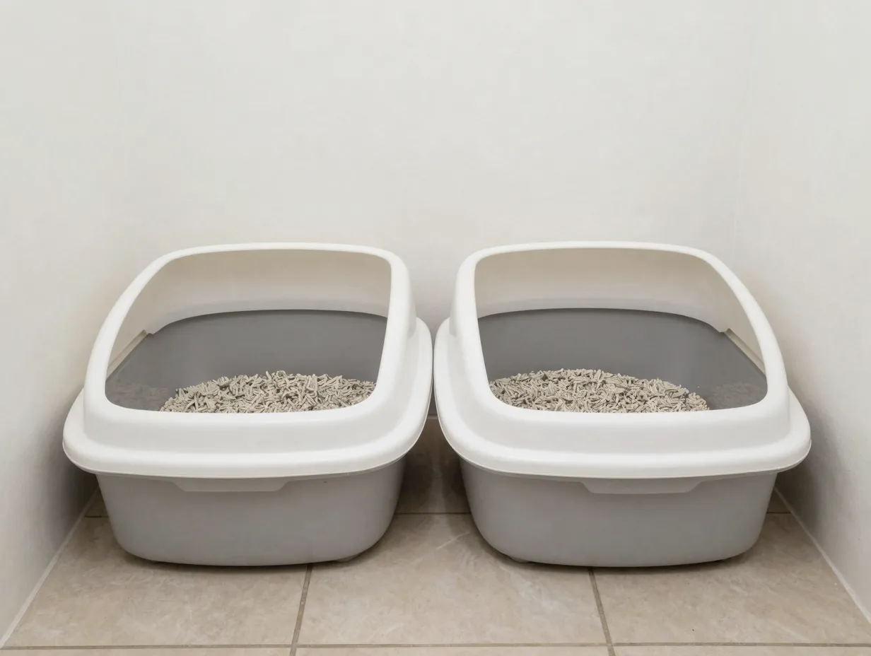 Two high sided litter boxes in a clean bathroom corner