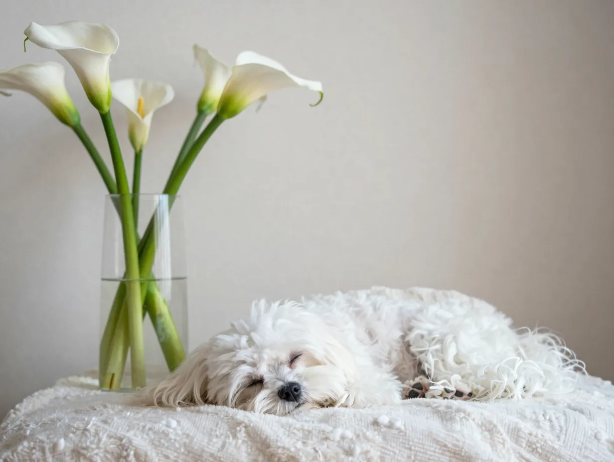 Gentle white maltese dog resting beside elegant calla lilies