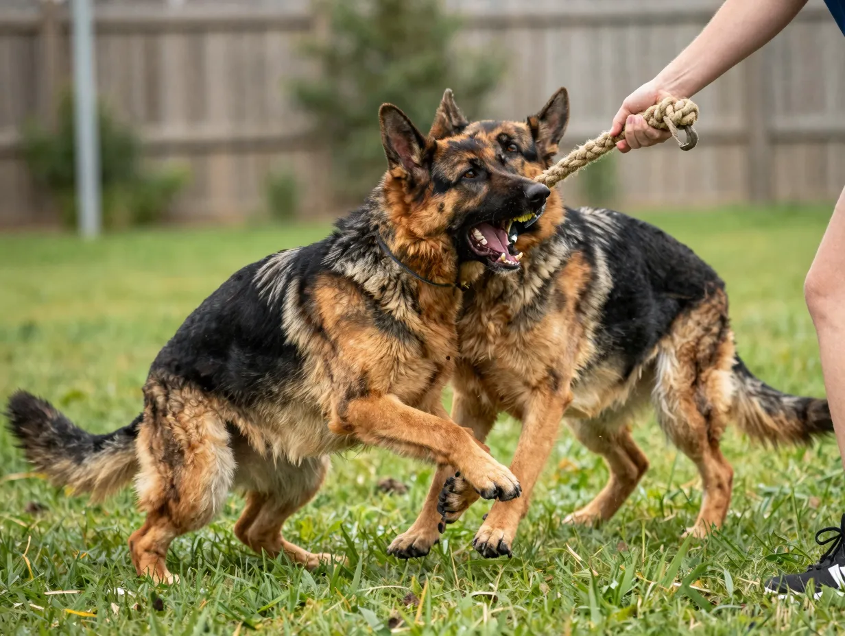 German shepherd play bow with high pitched bark during tug game