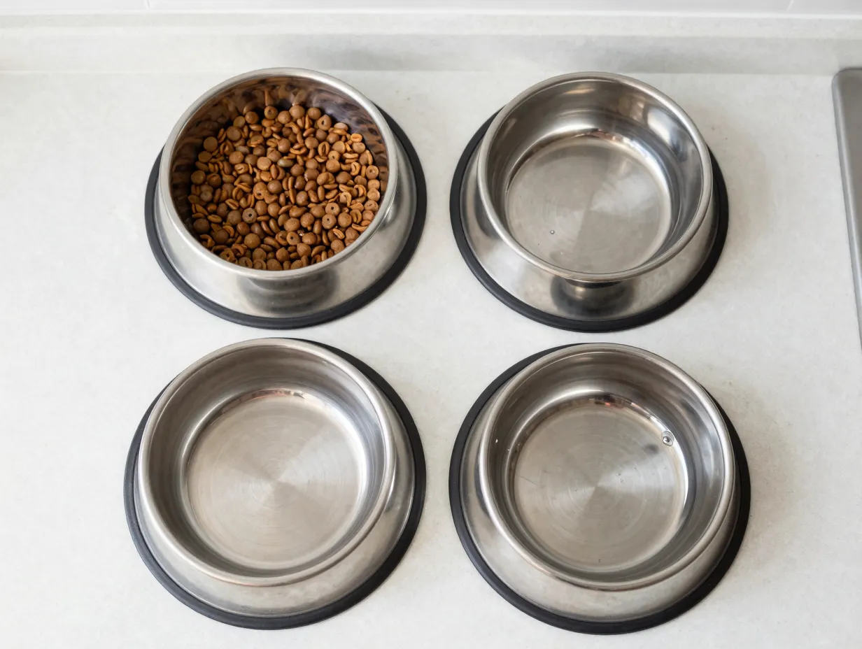 Wide shallow stainless steel bowls on a kitchen counter