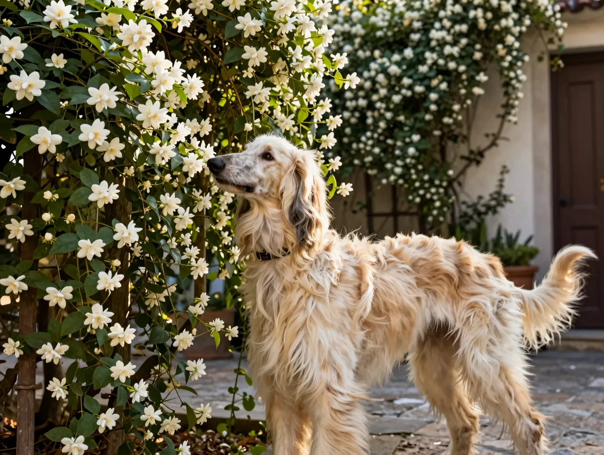 Curious cream afghan hound exploring fragrant jasmine vines