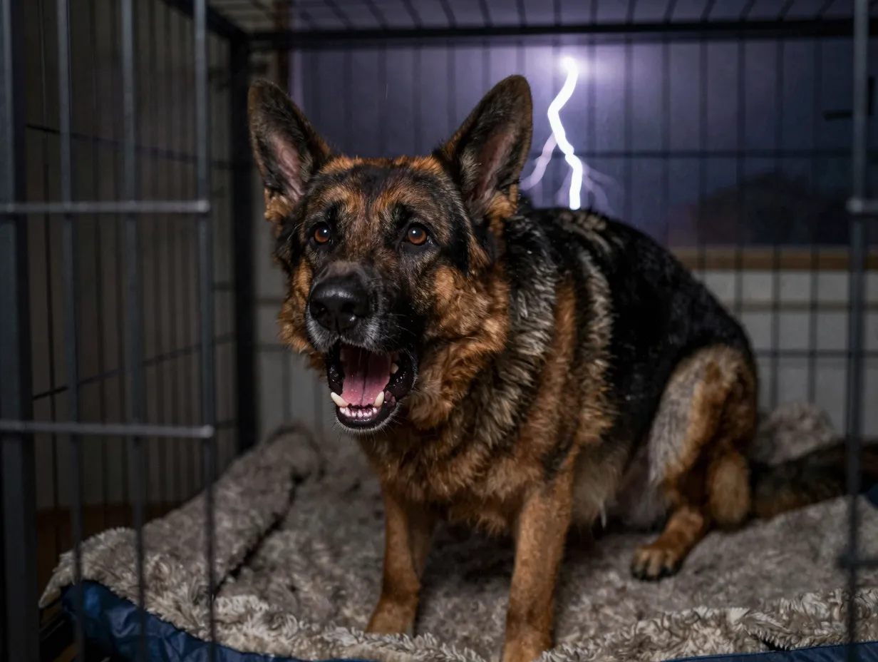 Fearful german shepherd cowering and barking during thunderstorm