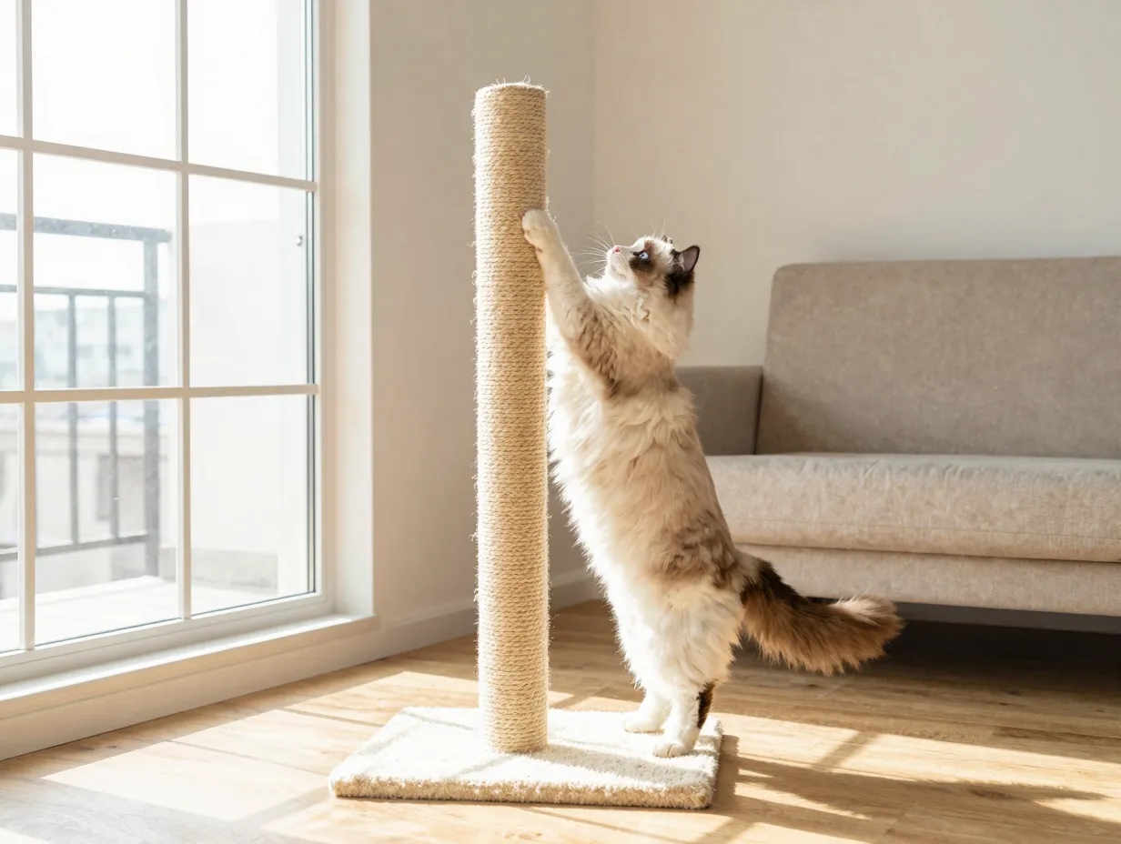 Tall sisal rope scratching post in a sunny living room