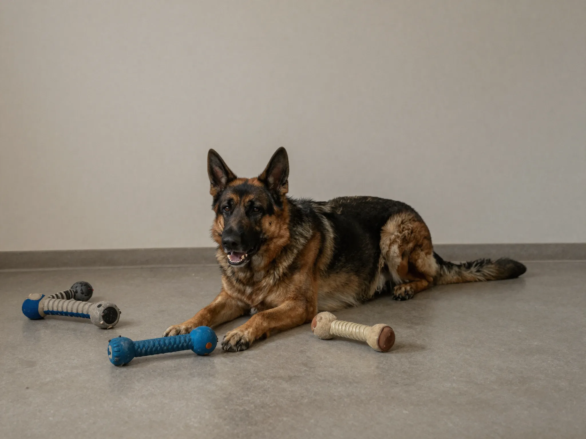 Bored german shepherd monotone barking with unused toys nearby