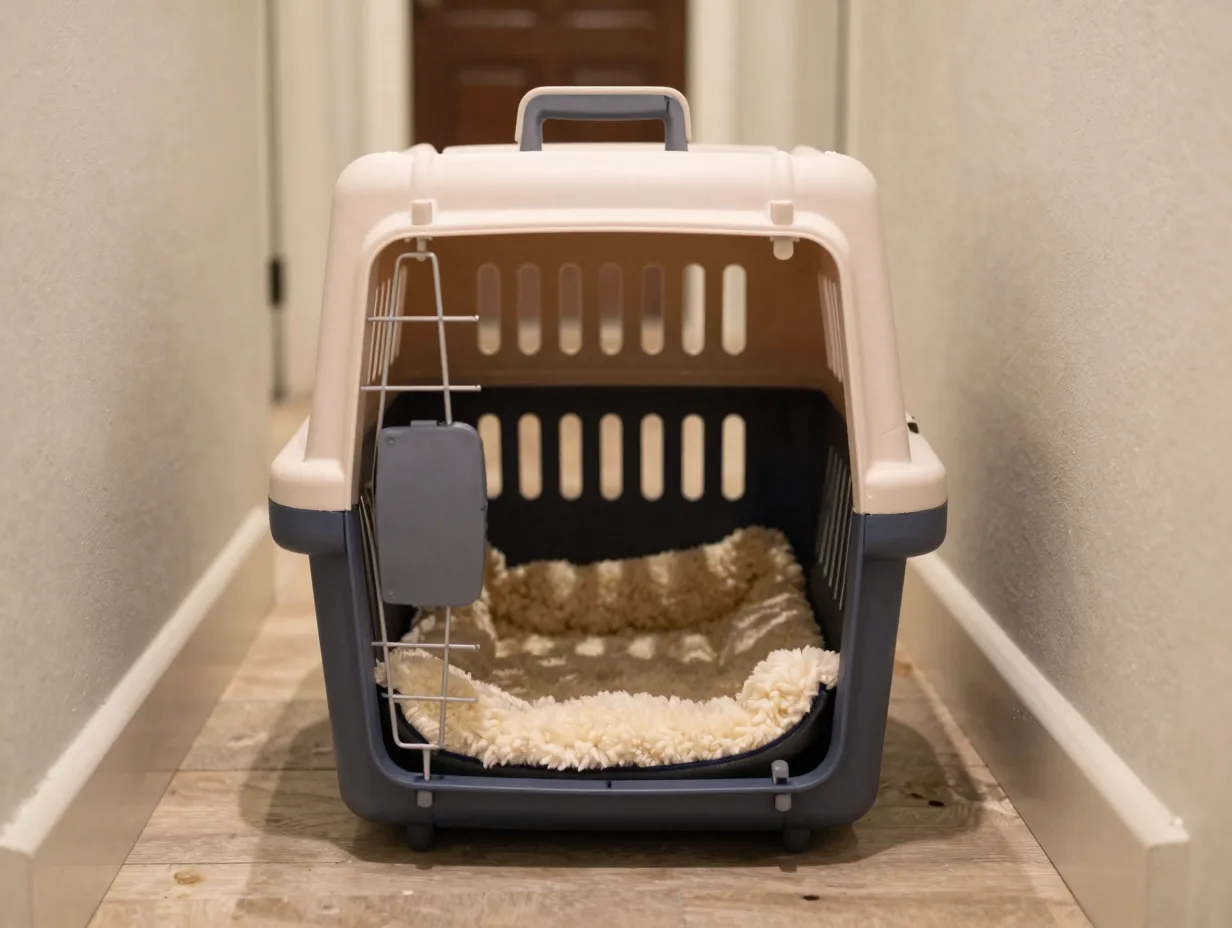 Hard sided cat carrier with fleece pad in a home entryway