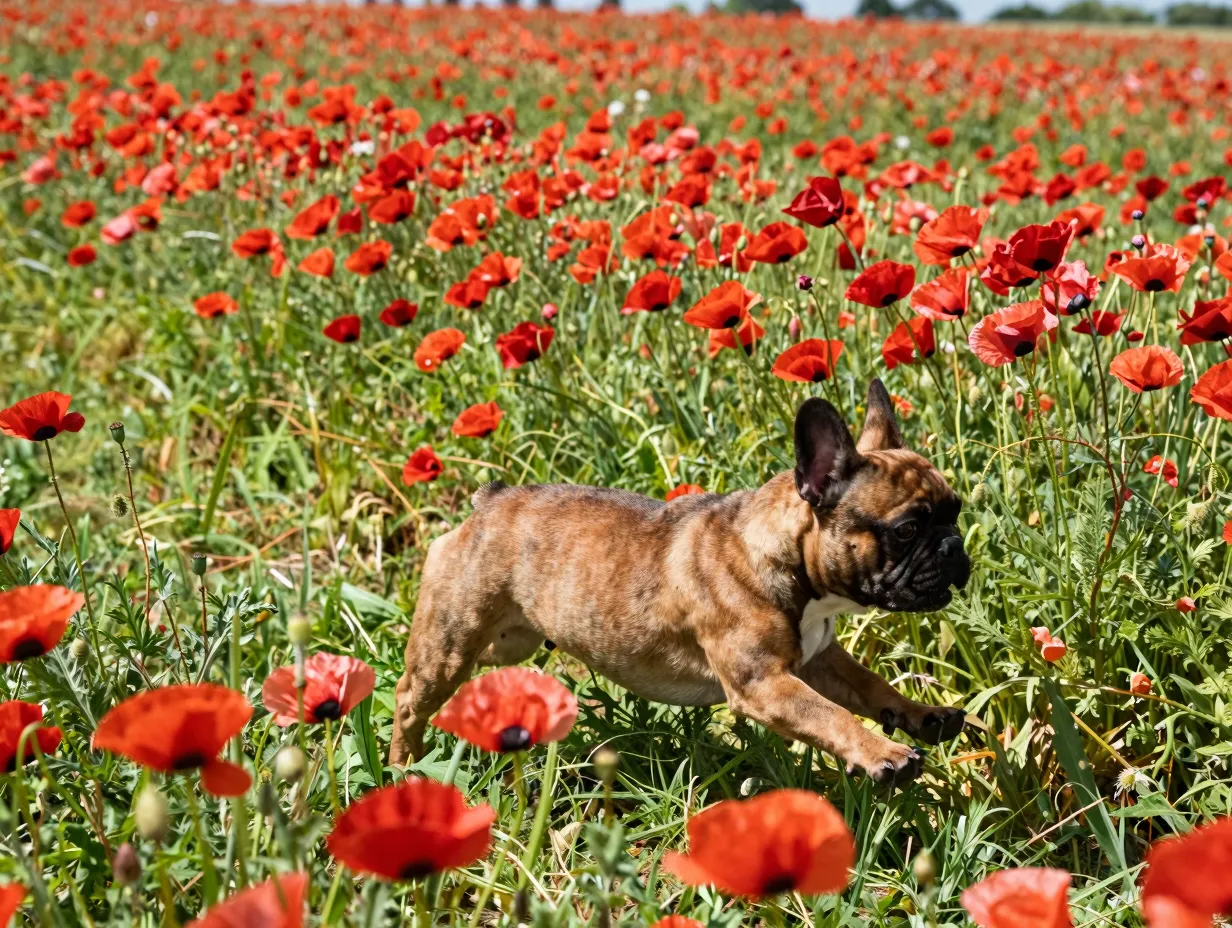 Spunky red french bulldog puppy playing in poppy field