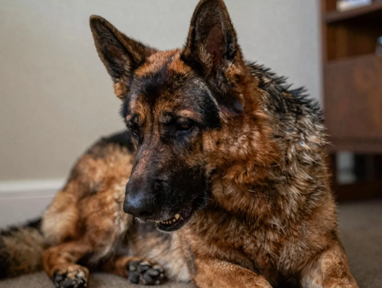 German shepherd in pain whining and guarding its hind leg