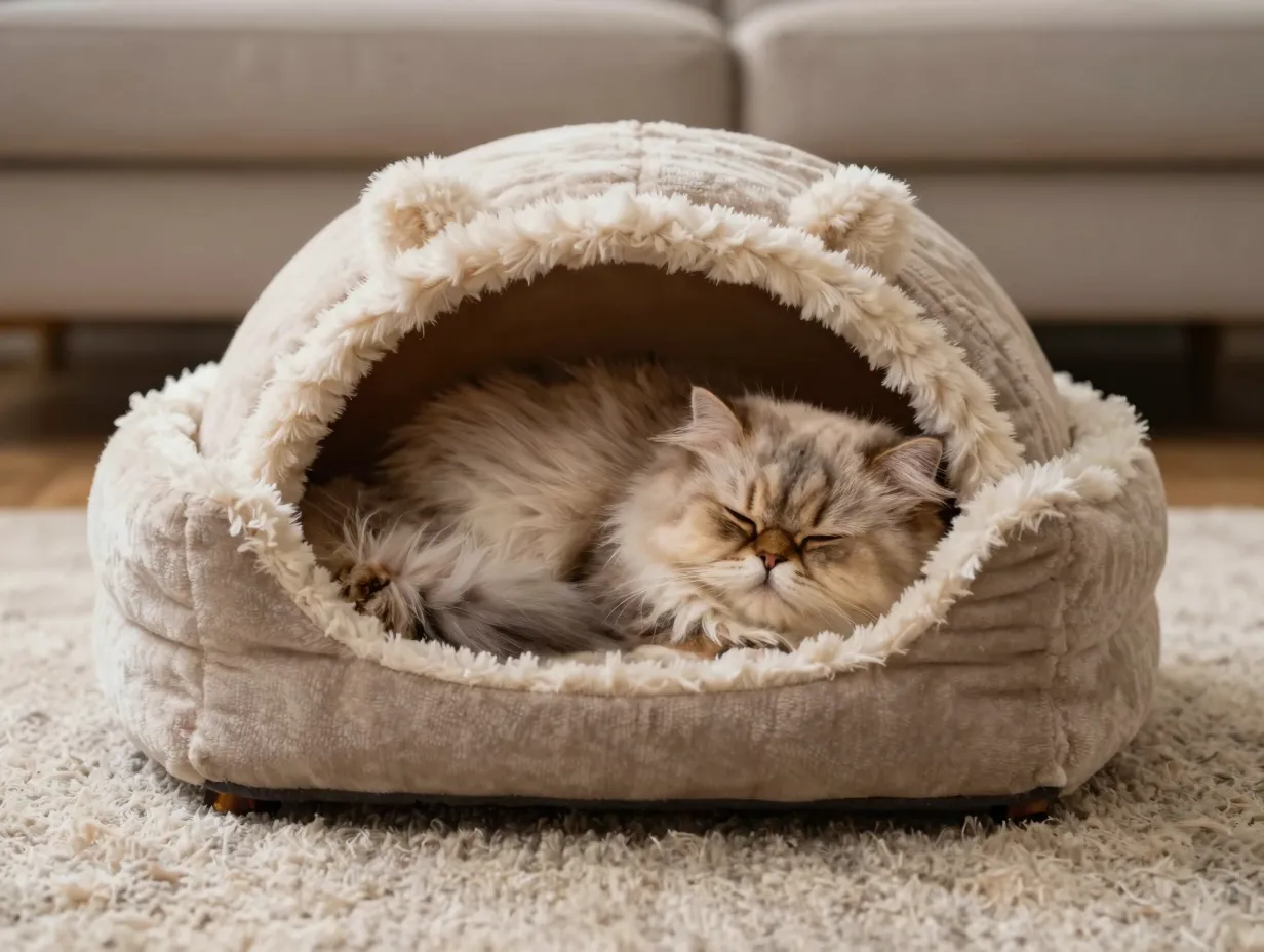 Hooded cat bed with a sleeping fluffy persian on a rug